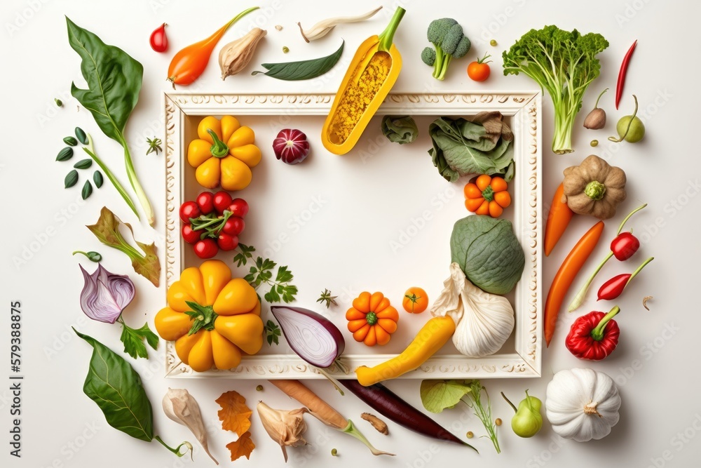 Poster top view of a frame filled with organically grown vegetables and white background for copy. generati