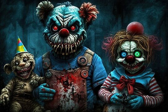 Scary clowns zombie teddy bears, concept of Horror and Toy Monstrosities, created with Generative AI technology