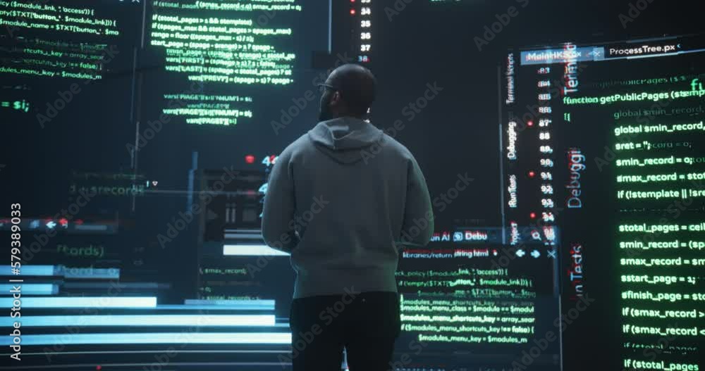 Poster Back View of Young Black Man Looking at Big Digital Screens Glitching While Displaying Code Lines. Worried Professional Programmer Fixing a Bug, Dealing with Crashing System, Ensuring Cybersecurity