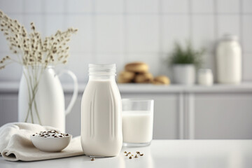 Fototapeta na wymiar Vegan flax milk on a white table in modern kitchen interior with copy space. Generative AI