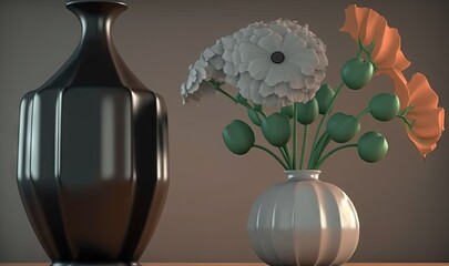  a vase with flowers in it next to a vase with leaves.  generative ai
