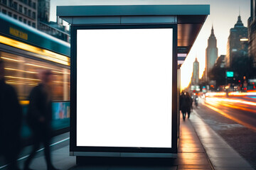 Obraz na płótnie Canvas Mockup of blank advertising light box on the bus stop with people walking by. Motion blur effect, Digital Media billboard, signboard for product advertisement design, .Generative AI