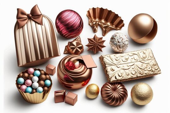 , a collection of holiday themed clipart depicting candy, chocolates, bonbons, and other treats presented in shimmering metallic wrapping. Romantic design elements, objects photographed against a whit