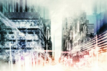 Double exposed cityscape on an abstract business modern background. Generative AI