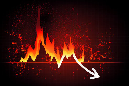financial market graph chart going down trend Red arrow down with fire explosion from investment in crisis situation, generated AI