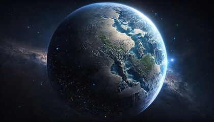 Fototapeta na wymiar Planet similar to Earth in space - Space wallpaper - Generative AI