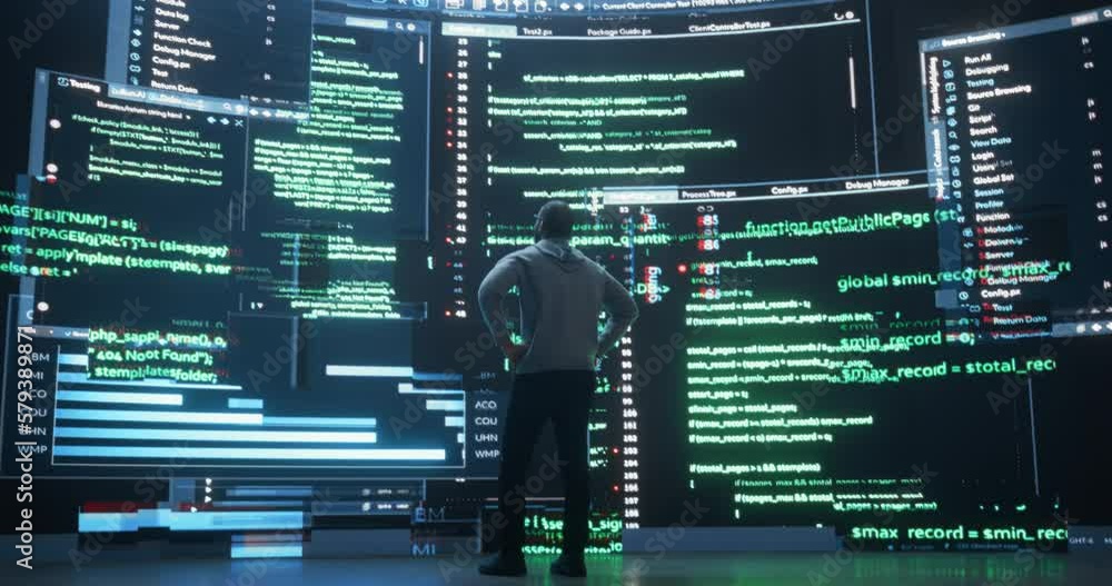 Aufkleber Back View of Young Black Man Walking and Looking at Big Digital Screens Glitching While Displaying Code Lines. Professional Hacker Breaking Through Cybersecurity Protection System, Changing Code