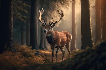 Abwaschbare Fototapete Hirsch Noble horned deer in the forest at dawn. Photorealistic illustration generated by AI. 