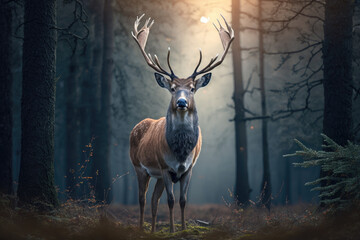 Noble horned deer in the forest at dawn. Photorealistic illustration generated by AI.	