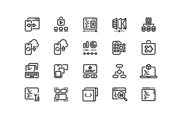 App development line icons. Software coding, front and backend development, UI layout and performance optimization. Vector editable stroke collection
