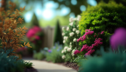 Realistic colorful spring flowers with de-focused and blurred background, Generative AI