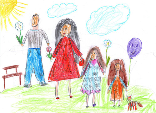 Child drawing of a happy family on a walk outdoors with a dog