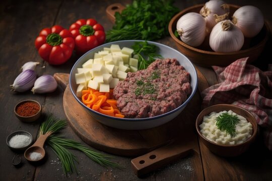 On a wooden table, next to an assortment of fresh veggies, is a bowl of raw minced meat cevapi, all set to be grilled. Attentional bias. Generative AI