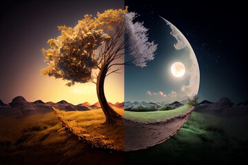 Concept of spring equinox. Day and night, sun and moon meeting together on the split landscape. Generative AI