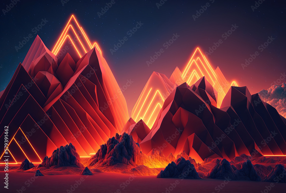 Poster a futuristic landscape, low-polygon mountains illuminated by neon light on a gradient background. im