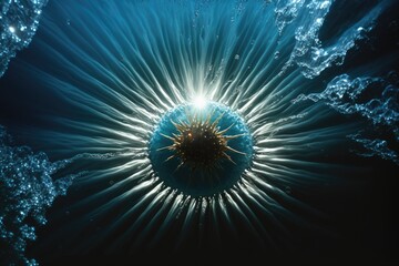 Fototapeta premium a sunburst with air bubbles in a deep blue sea, an abstract underwater picture. Generative AI
