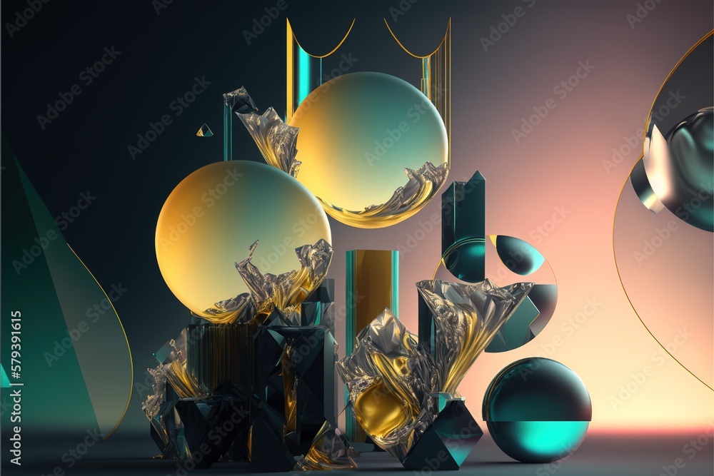 Poster simple glass figures. frozen multicolored liquid. gradient light. luxurious abstract background. 3d 