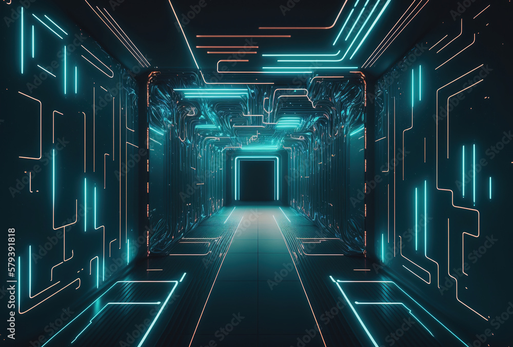 Poster a fantastic neon tunnel, the corridor of a spaceship. immersion in virtual reality, artificial intel