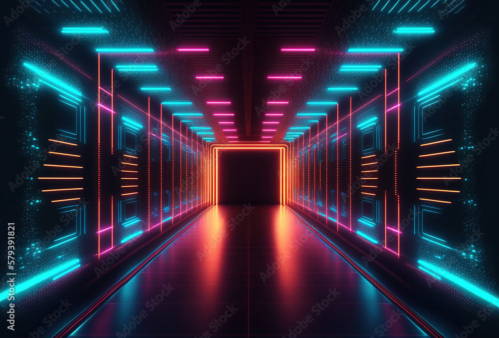 Poster a fantastic neon tunnel, the corridor of a spaceship. immersion in virtual reality, artificial intel