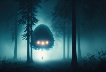 Scary alien monster in the misty night forest. The creepy silhouette of a huge creature with glowing eyes is illuminated by the moon. 3D rendering. AI generated.