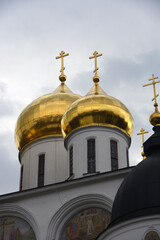 Dormition church. Kremlin in Dmitrov, old historical town in Moscow region, Russia. Color winter photo. Popular landmark.