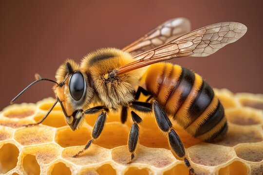 image of a marked queen bee perched on a honey colored honeycomb. Female moths have visible eyes and paws on their wings. Beehive throne monarch. Generative AI