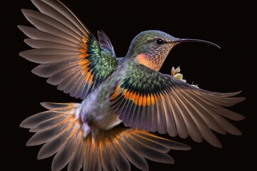 Obraz premium Hovering with her orange tail fanned and her wings open, this female Black throated Mango hummingbird, Anthracothorax nigricollis, strikes a striking position. Generative AI