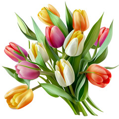 Obraz premium Bouquet of tulips on a transparent background. Png file. Floral arrangement. . For stickers, invitations, greeting cards, wedding card, decorations. 