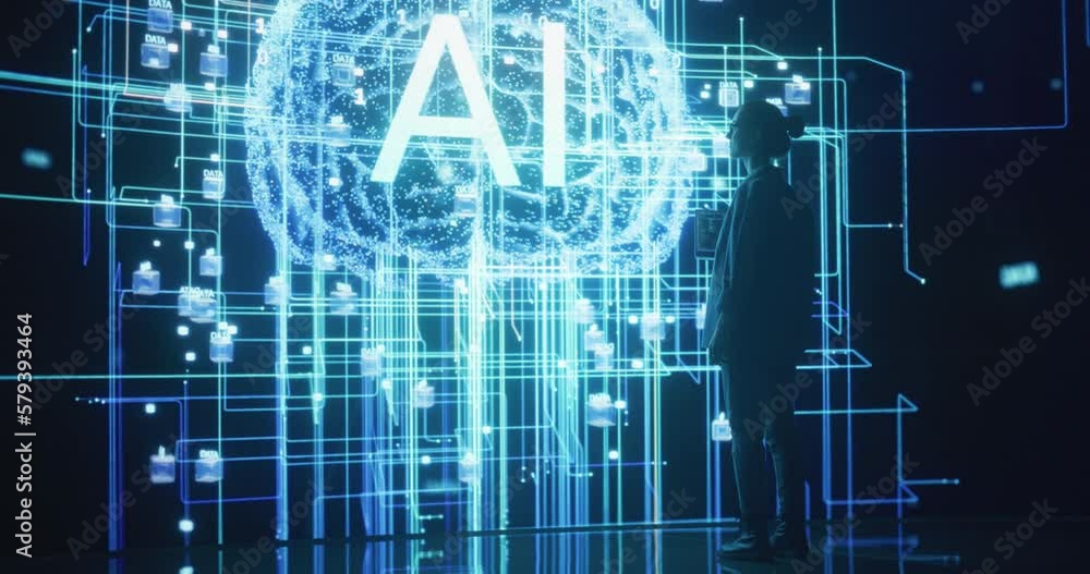 Aufkleber Back View of a Woman Holding Laptop Computer, Standing in Front of Big Digital Screen with AI Neural Network 3D Animation. Professional Data Scientists Activating Artificial Inteligence System