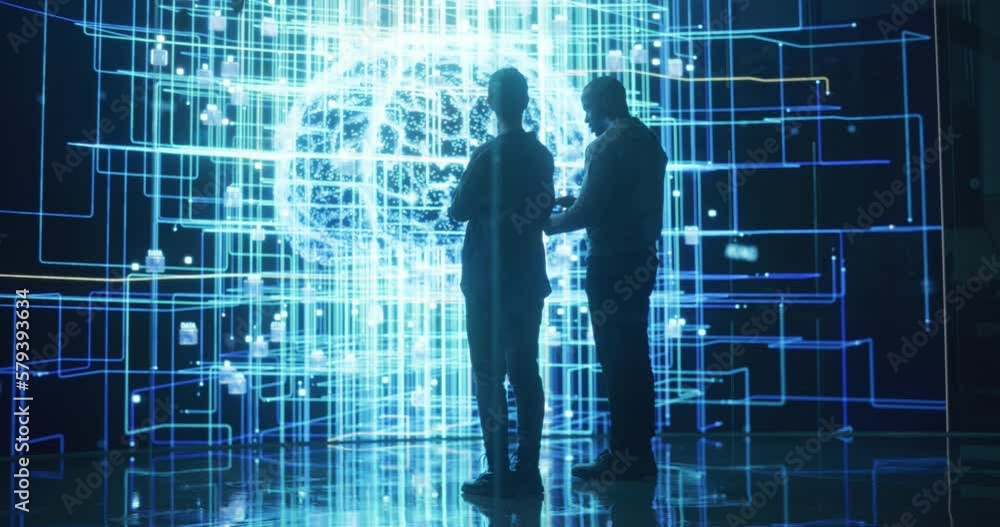 Poster Back View of Two Diverse Colleagues Looking at a Big Screen with Neural Network Visualisation Animation. Professional Computer Data Scientists Discussing and Working on Monitoring Private Information