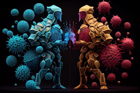 Illustration of human immune system with colorful cells antibodies and viruses showing battle between defenses and invading pathogens, concept of Immunity, created with technology. Generative AI