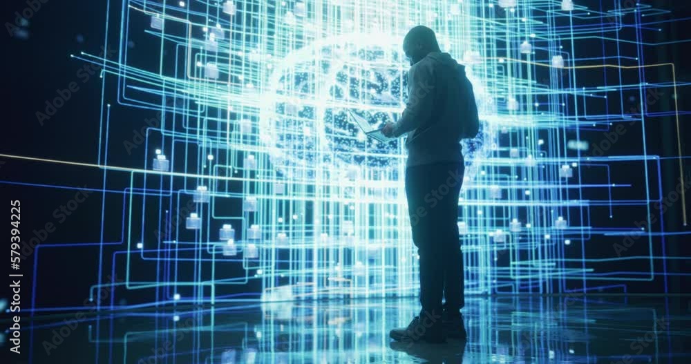 Aufkleber Back View of Young Man Looking at a Big Screen with Neural Network Visualisation Animation. Professional Computer Data Science Engineer Working in System Control and Monitoring Telecommunications