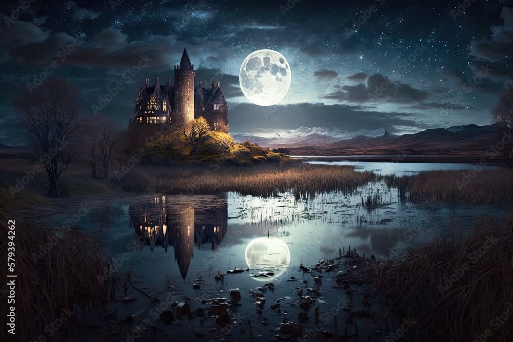 Poster in the foreground is a marsh, and in the background are towering castles with lit windows; in the ba