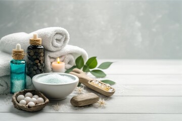 Revitalize Your Senses with the Best Beauty Treatment Items for Spa Procedures on a White Wooden Table: Massage Stones, Essential Oils, and Sea Salt, Generative AI.