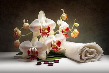Indulge in Luxurious Spa Treatments with Orchid-infused Roll-up Towels and Beauty Items, Generative AI.