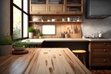 Efficiently Utilizing Free Space: A Tour of a Kitchen Interior with Ample Desk Area, Generative AI.