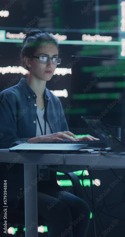 Aufkleber Verical Screen: Female Programmer Working in a Monitoring Control Room, Surrounded by Big Screens Displaying Lines of Programming Language Code. Portrait of Woman Creating a Software and Coding