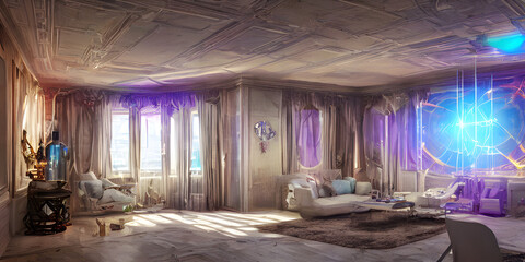 colorfull inner side of drwing room , a beautifll purple shade curtons