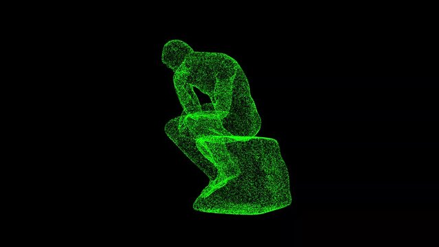 3D statue of a thinker rotates on black bg. Object dissolved green flickering particles 60 FPS. Business advertising backdrop. Science concept. For title, text, presentation. 3D animation.