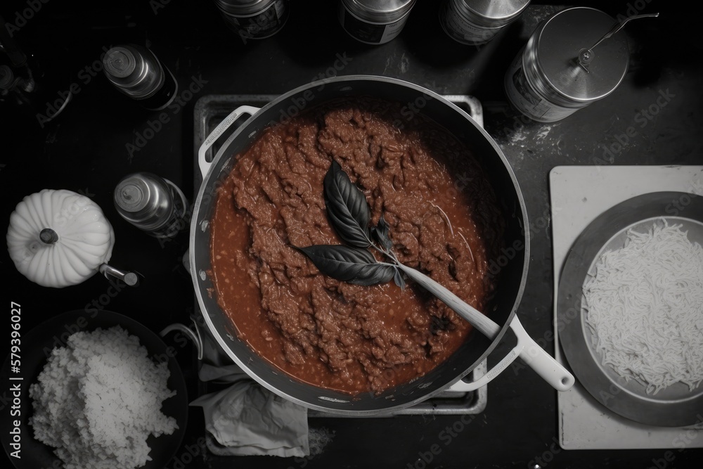 Poster cooking up some bolognese sauce. a look down from above. generative ai