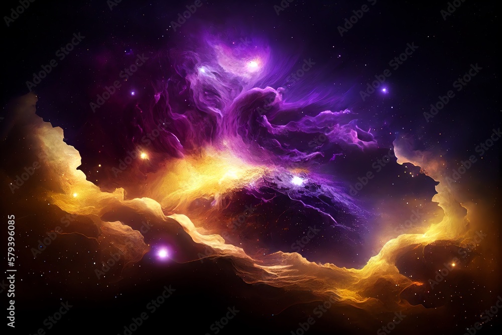 Wall mural purple and gold nebula with stars. fantasy galaxy background. generative ai