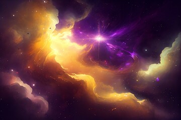 Obraz na płótnie Canvas Purple and gold nebula with stars. Fantasy galaxy background. Generative AI
