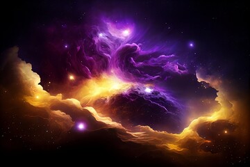 Fototapeta premium Purple and gold nebula with stars. Fantasy galaxy background. Generative AI