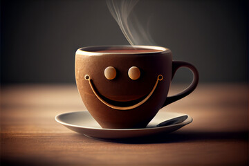 A mug of coffee with a cheerful smiling face.