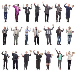 Fototapeta premium group of happy people with gifts in their hands isolated