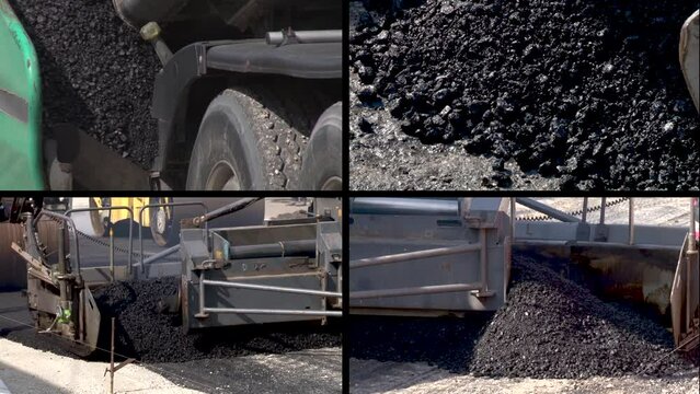 Replacing old asphalt when repairing the road surface. Asphalt paver lays bitumen and new hot asphalt. Road repair in Europe. Construction of a new road, reconstruction of the road surface. Close-up.
