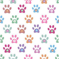 Colorful paw print with cute flowers seamless fabric design pattern - 579396677