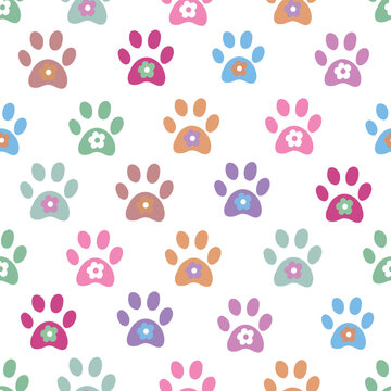 Colorful paw print with cute flowers seamless fabric design pattern