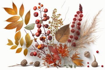 Autumn foliage, hawthorn berries and dried wild grasses or herbs isolated on white background. Plants in an autumnal arrangement. Generative AI