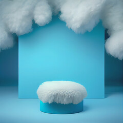 Blue room with fluffy podium and decor. Creative mock-up for product presentation.